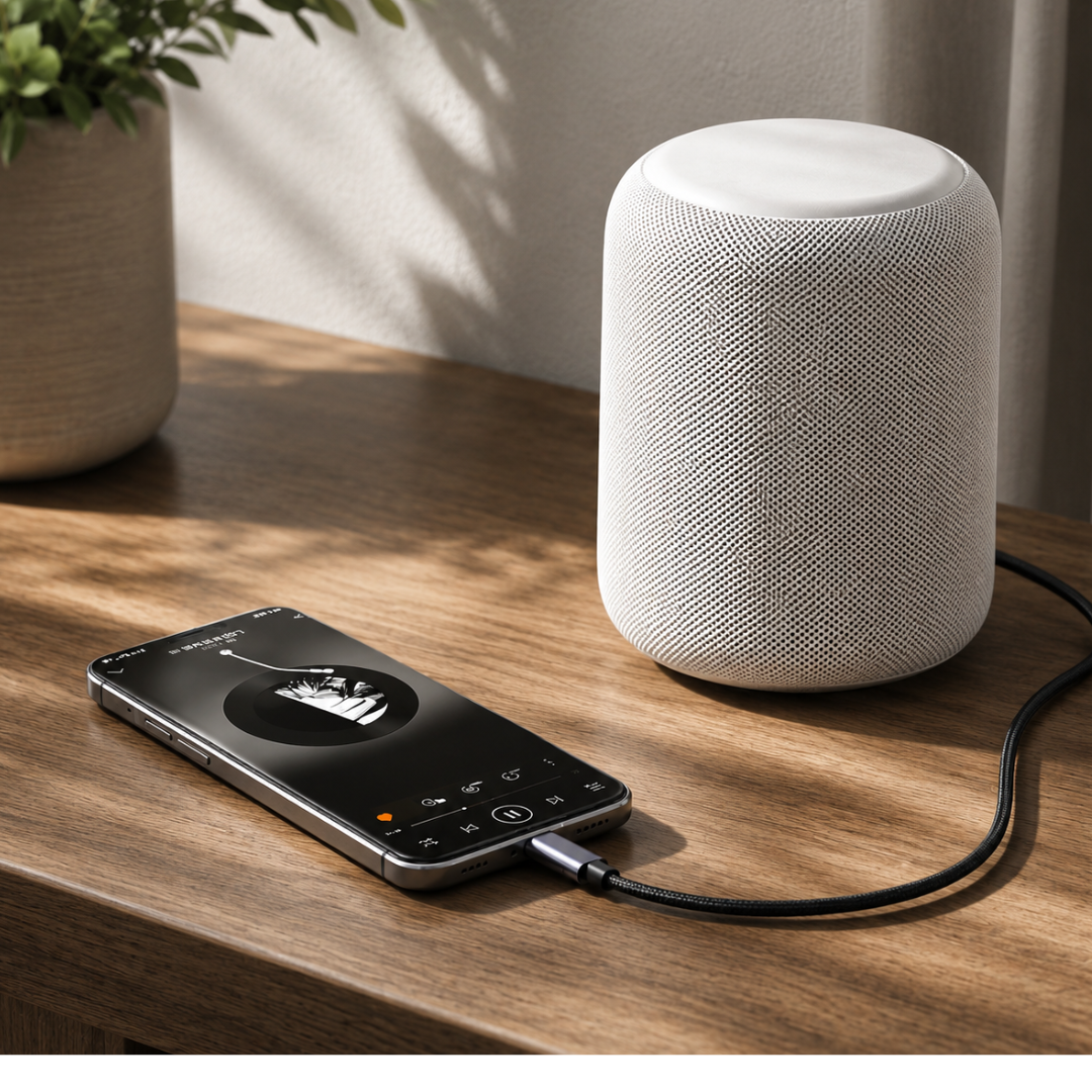 USB-C naar AUX-adapter aangesloten op een smartphone en hoofdtelefoon