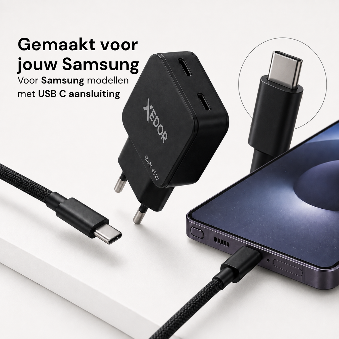 Gemaakt voor Samsung-modellen met USB-C aansluiting, met de USB-C stekker in beeld
