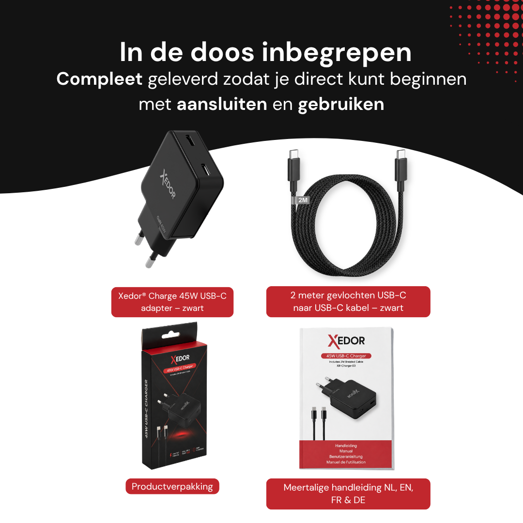 In de doos: Xedor Charge 45W adapter, 2 meter USB-C naar USB-C kabel, verpakking en meertalige handleiding