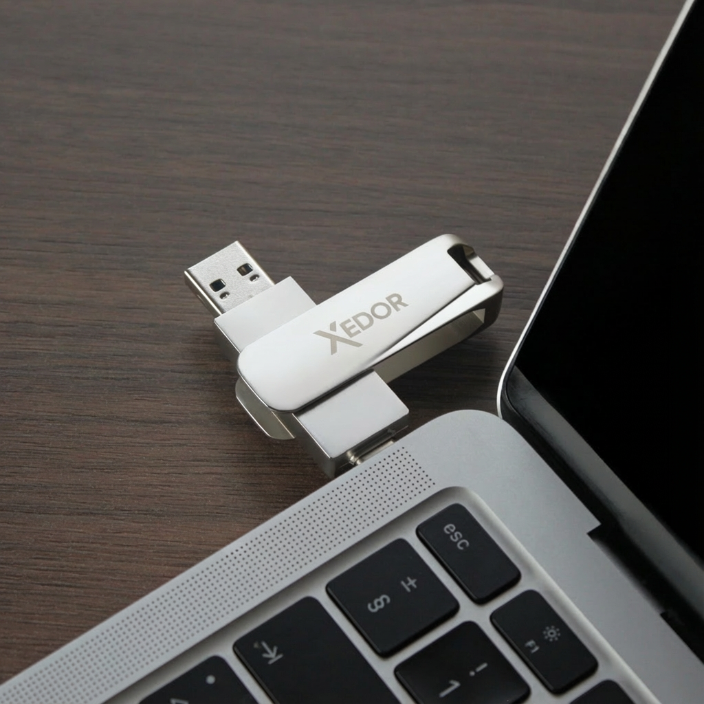 Xedor Base USB-stick aangesloten op smartphone via USB-C – data overzetten zonder adapter
