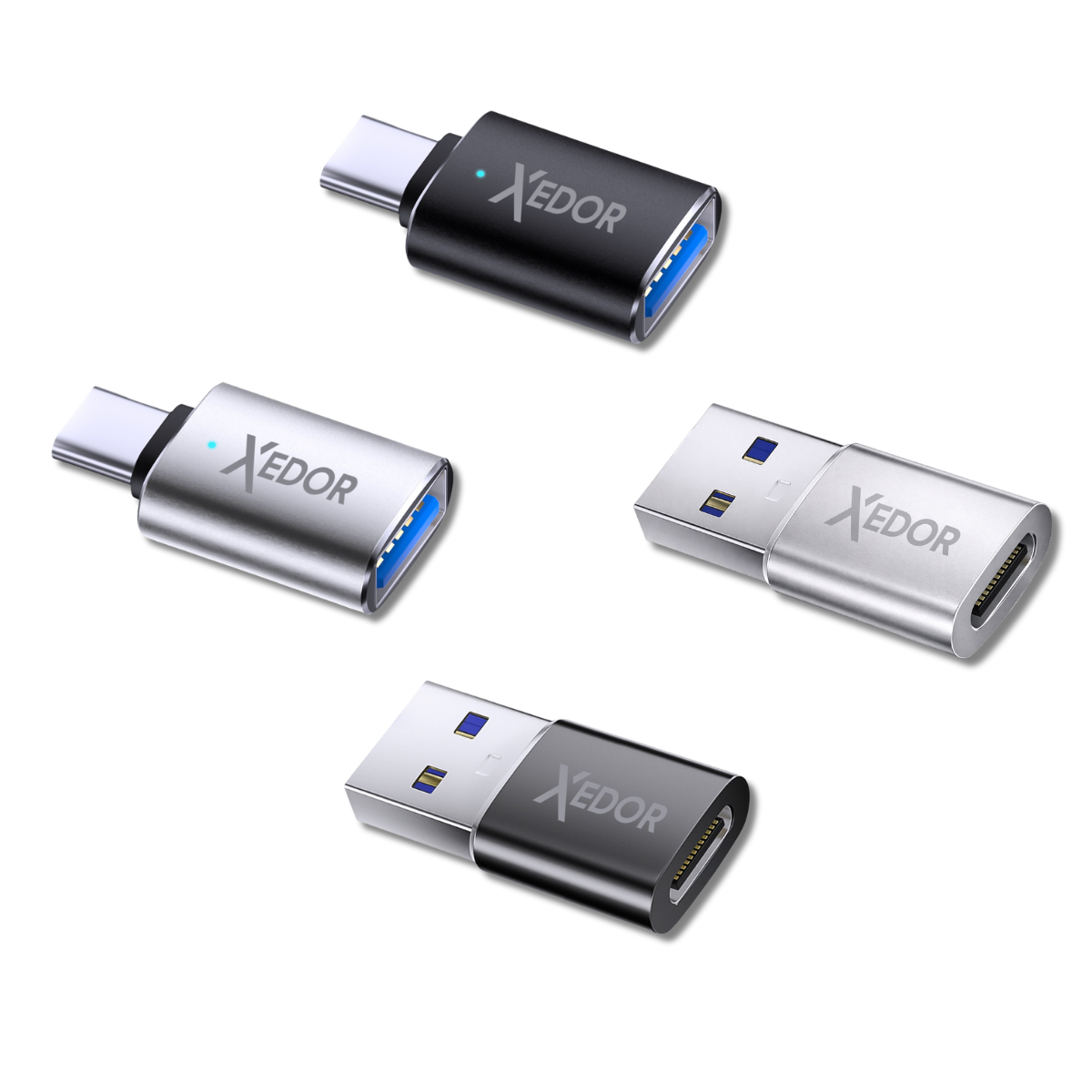Xedor Nexa USB-C naar USB-A adapters – overzicht van set met 4 adapters – vier compacte aluminium adapters