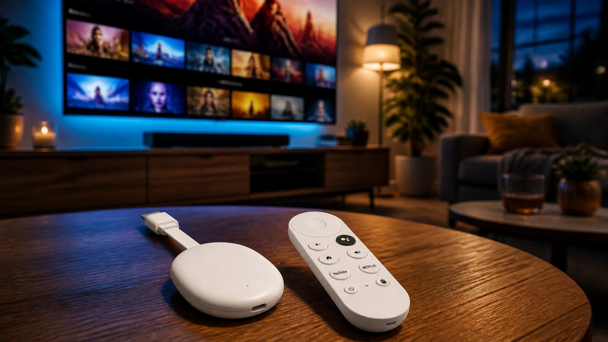 Xedor Streamr 4K TV dongle en afstandsbediening in een woonkamer