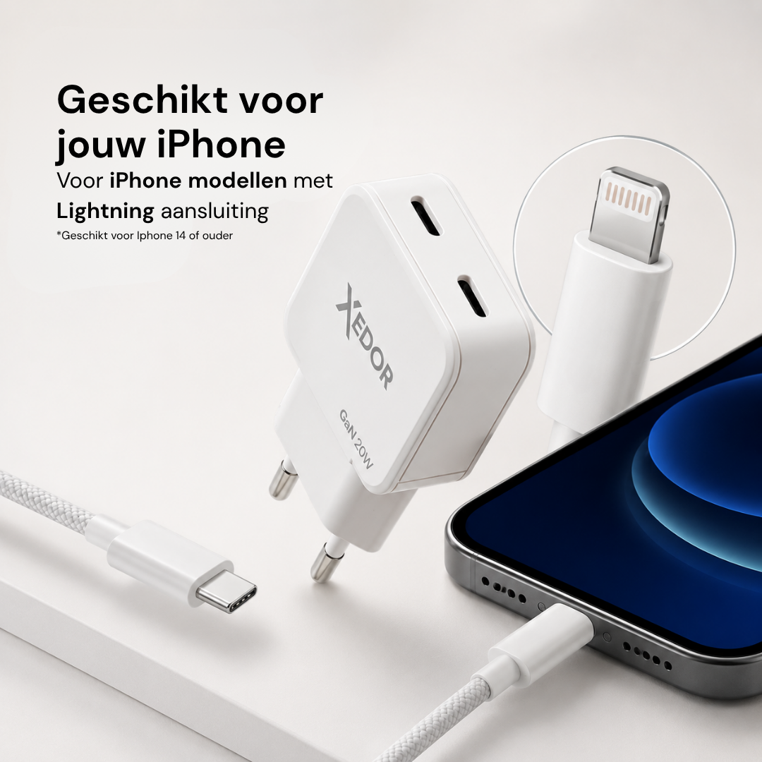Geschikt voor iPhone-modellen met Lightning-aansluiting, met de Lightning-stekker in beeld