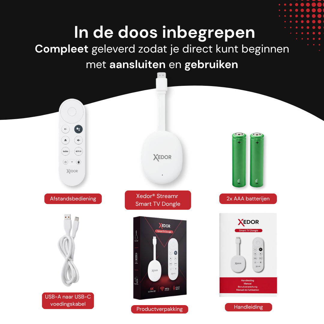 Inhoud van de doos: Xedor Streamr dongle, afstandsbediening, 2 AAA batterijen, USB-A naar USB-C voedingskabel, verpakking en handleiding