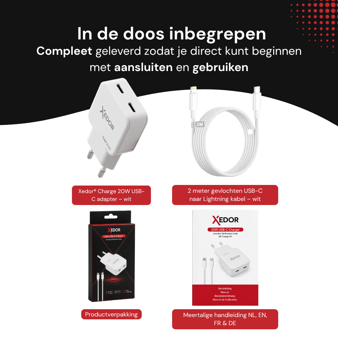 In de doos: Xedor Charge 20W adapter, 2 meter USB-C naar Lightning kabel, verpakking en meertalige handleiding