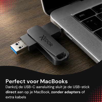 Donkergrijze Xedor Base USB-stick rechtstreeks in de USB-C poort van een MacBook, zonder adapter