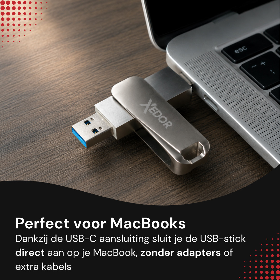 Zilveren Xedor Base USB-stick rechtstreeks in de USB-C poort van een MacBook, zonder adapter