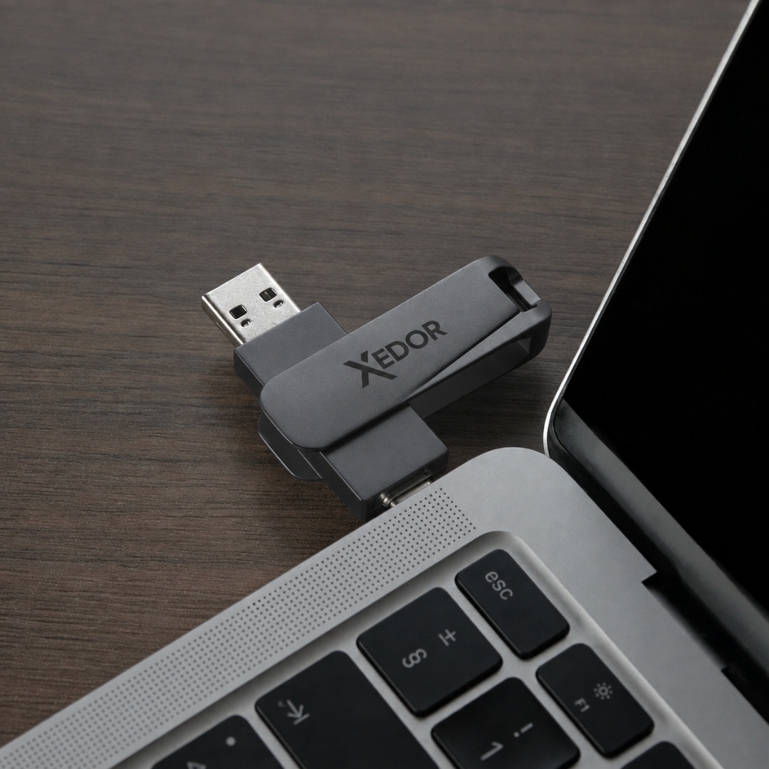 Donkergrijze Xedor Base USB-stick aangesloten op de USB-A poort van een laptop