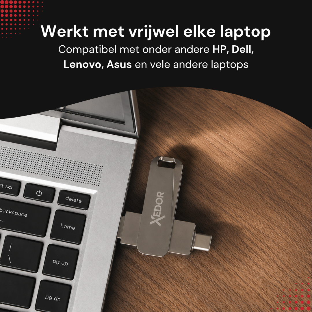 Zilveren Xedor Base USB-stick in een laptop: werkt met onder andere HP, Dell, Lenovo en Asus