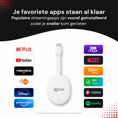 Vooraf geinstalleerde streamingapps: Netflix, YouTube, Videoland, NPO Start, Disney+, Prime Video, HBO Max, NLZIET, Ziggo GO, KPN TV+, Viaplay en Spotify