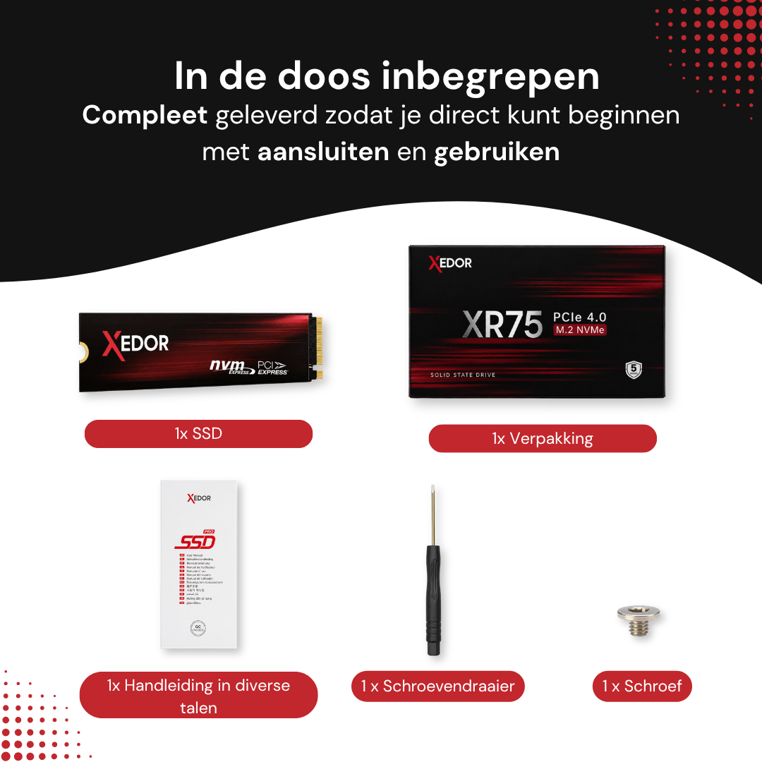 In de doos: Xedor XR75 SSD, verpakking, handleiding, schroevendraaier en bevestigingsschroef