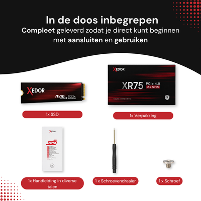 In de doos: Xedor XR75 SSD, verpakking, handleiding, schroevendraaier en bevestigingsschroef